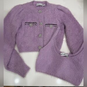 Self-Portrait 2 Piece Set Lilac Purple Fuzzy Knit Cardigan & Cropped Top Sz S